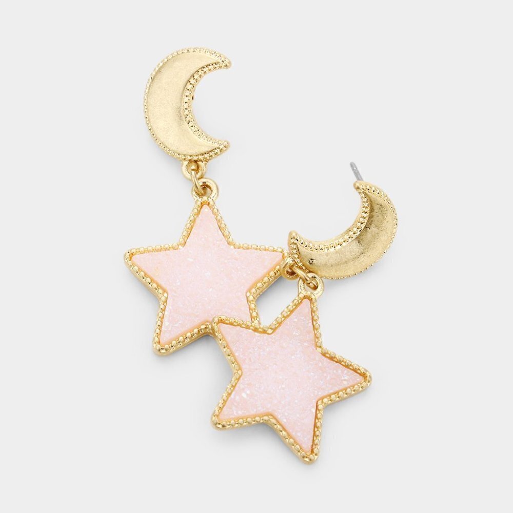 NEW Small Pink Crescent Moon Druzy Star Metal Gold Earrings